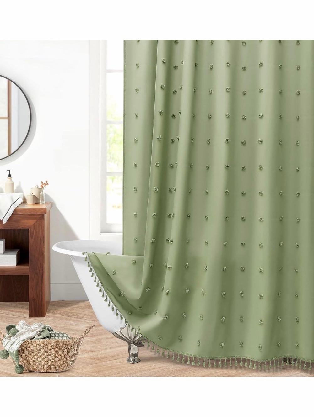 Washable cloth shower curtain. Sage Boho style with tassels. Bathroom home decor